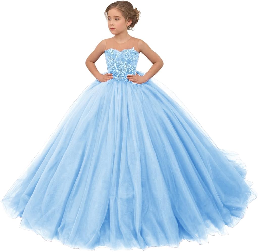 Tulle Flower Girl Dress for Wedding Lace Applique Princess Sleeveless Pageant Dresses Long Party Ball Gown