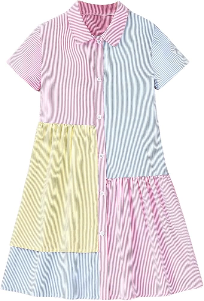 Floerns Girl's Colorblock Rainbow Striped Print Button Front Ruffle Trim Dress