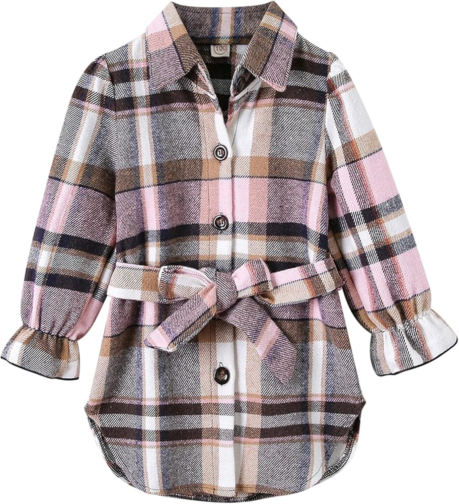 Toddler Girls Flannel Plaid Dress - Pink Long Flounce Sleeve Fall Outfits Christmas Belt Blouse Kids Clothes