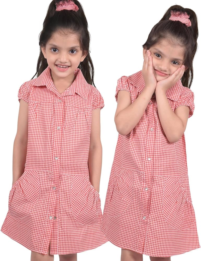 A2Z 4 Kids Girls Pack of 2 Uniform School Dress Soft Comfortable Gingham Check Printed Dresses with Scrunchies Age 3-14 Year