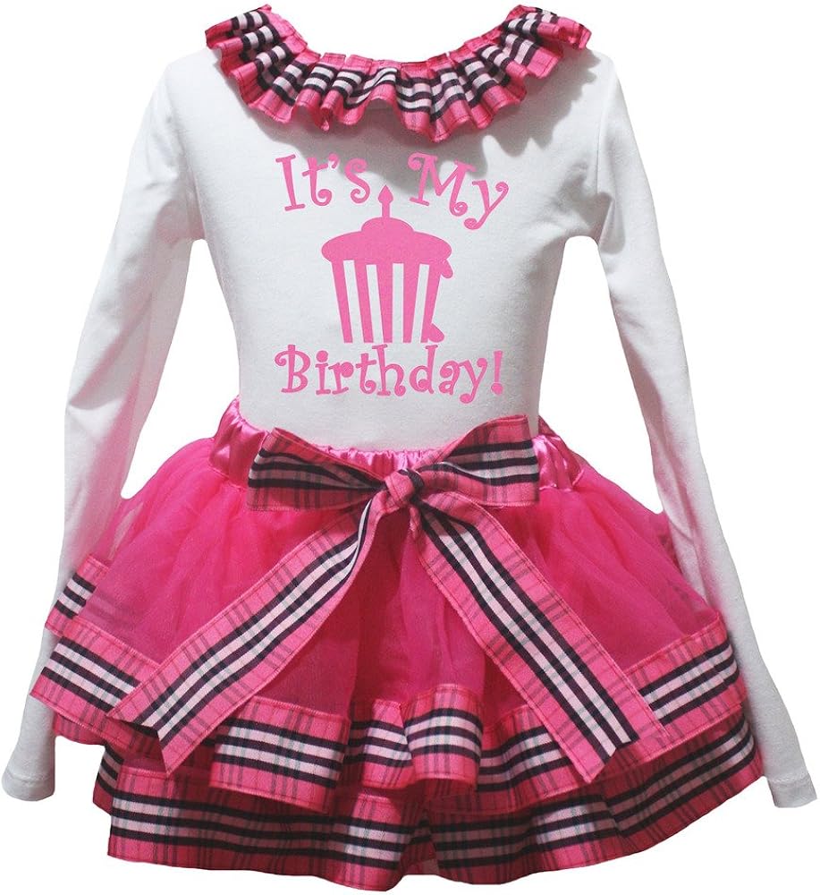 Petitebella It's My Birthday White L/s Shirt Stripe Hot Pink Petal Skirt Nb-8y