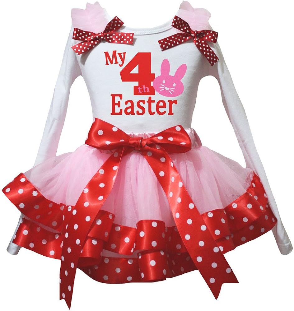 Petitebella My 4th Bunny Easter White L/s Shirt Pink Red Dots Petal Skirt Nb-8y