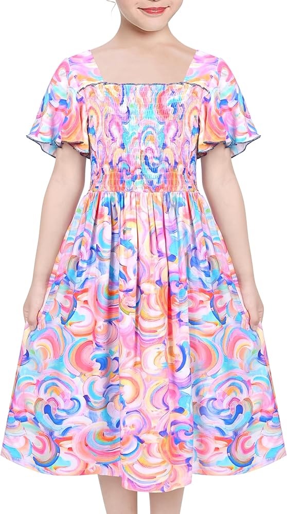 Sunny Fashion Girls Dress Rainbow Colorful Swirl Tie Dye Ruffle Square Neck Casual