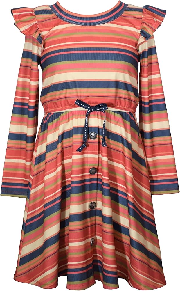 Bonnie Jean Girls 7-16 Coral Navy-Multi Stripe Ribbed Knit Dress