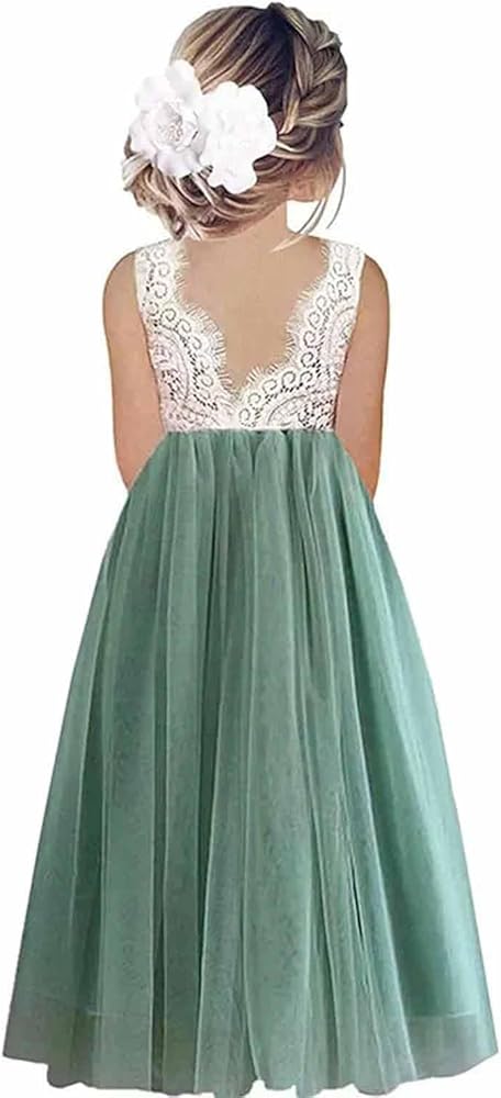 Girls Princess Pageant Dress Kids Sleeveless Prom Ball Gowns lace v Backless Wedding Party Flower Dresses