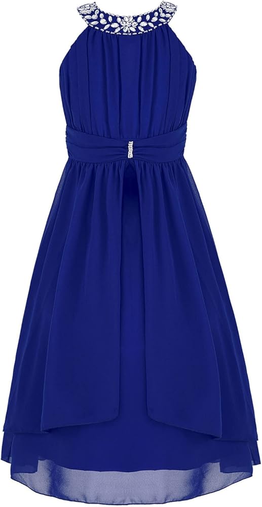 YiZYiF Kids Girl's Halter Rhinestone Chiffon Bridesmaid Dress Children Pleated High Low Maxi Special Occasion Dresses