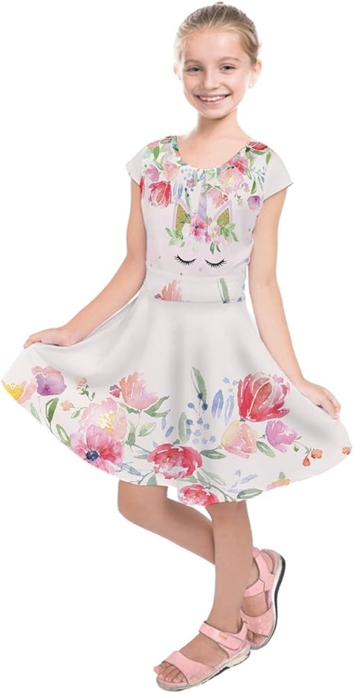 PattyCandy Girls Fashion Universe Unicorns & Florals Style Short Sleeve Dress, Sizes 2-16