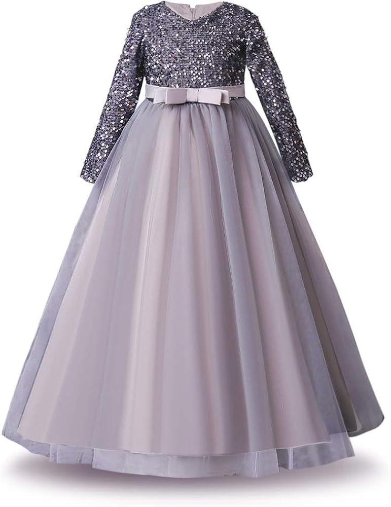 Kids Girl Vintage Long Sleeve Sequins Velvet Floor Length A-Line Dress Wedding Bridesmaid Formal Pageant Maxi Prom Ball Gown