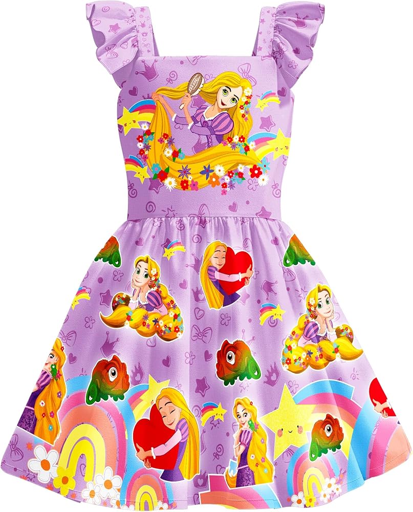 Girls Princess Dress Cartoon Square Neck Dress Casual Home School Wear Outfit Toddler Kids