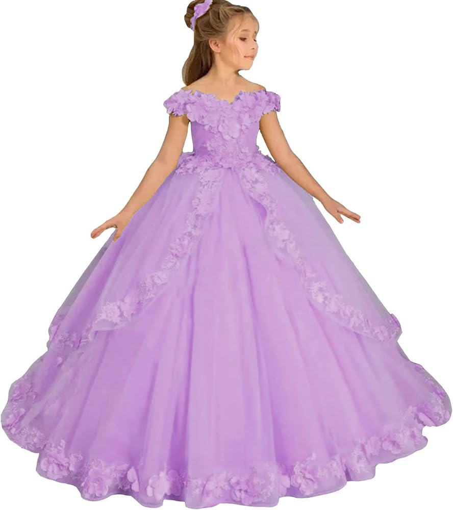 Flower Girl Dress Off Shoulder Appliques - Pageant Dresses for Girls Tulle Ball Gown