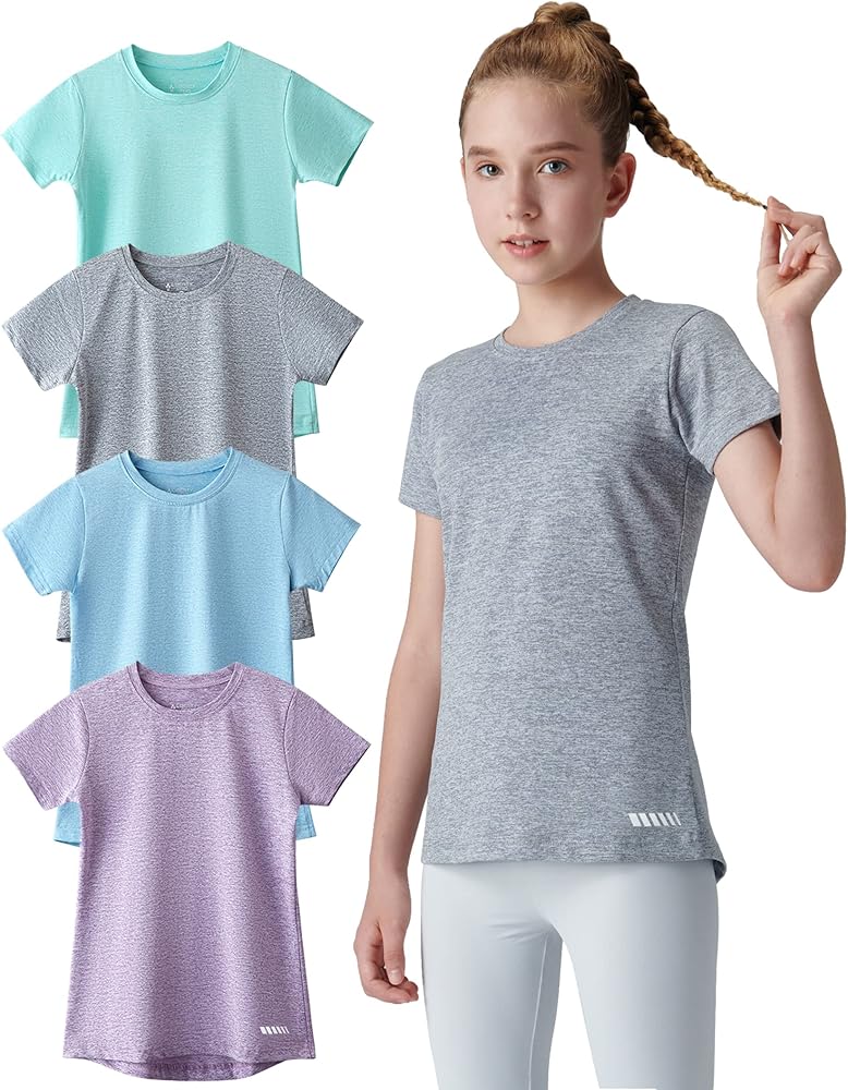 4 Pack: Youth Girls Athletic Shirts, Short Sleeve Dry Fit Apparel Tech Tshirts, Sports Activewear for Kids Teens