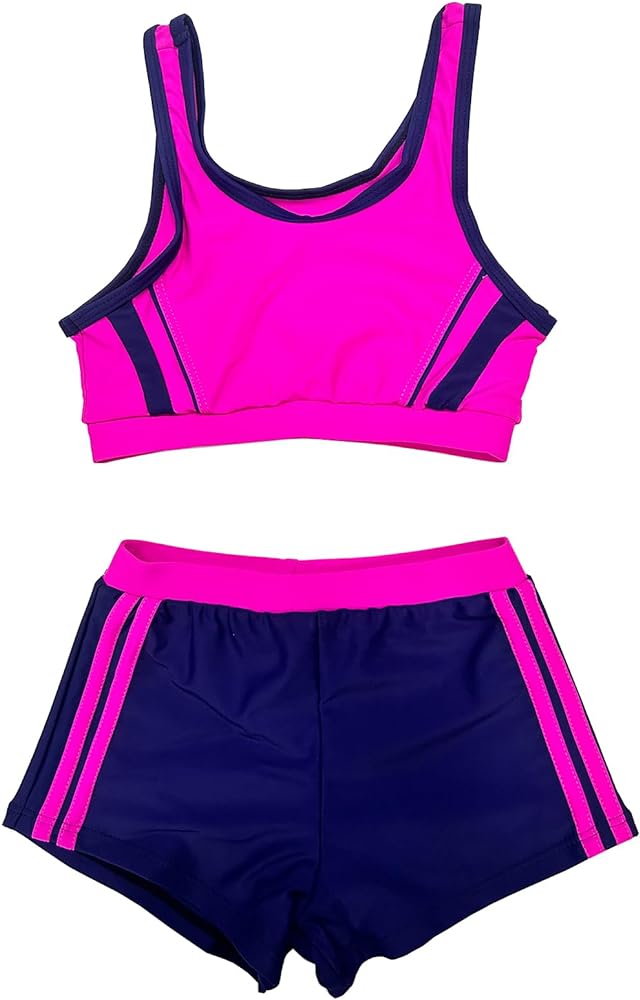 Girl's Kids 2-Piece Gymnastics Dance Outfit Athletic Active Set Racer Crop Top with Sport Shorts Swimsuit Clothes