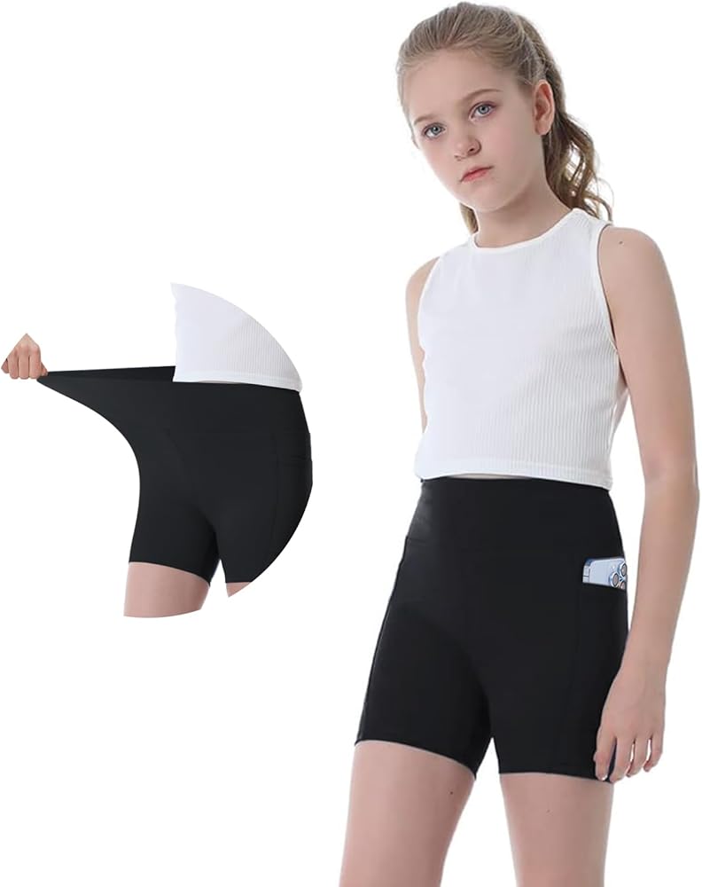 Girls Biker Shorts Kids Yoga Shorts High Waisted Spandex Athletic Running Volleyball Shorts with Pockets