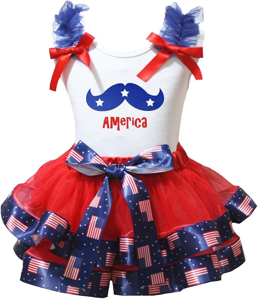 Petitebella Stars Mustache America White Shirt US Flag Red Petal Skirt Set Nb-8y