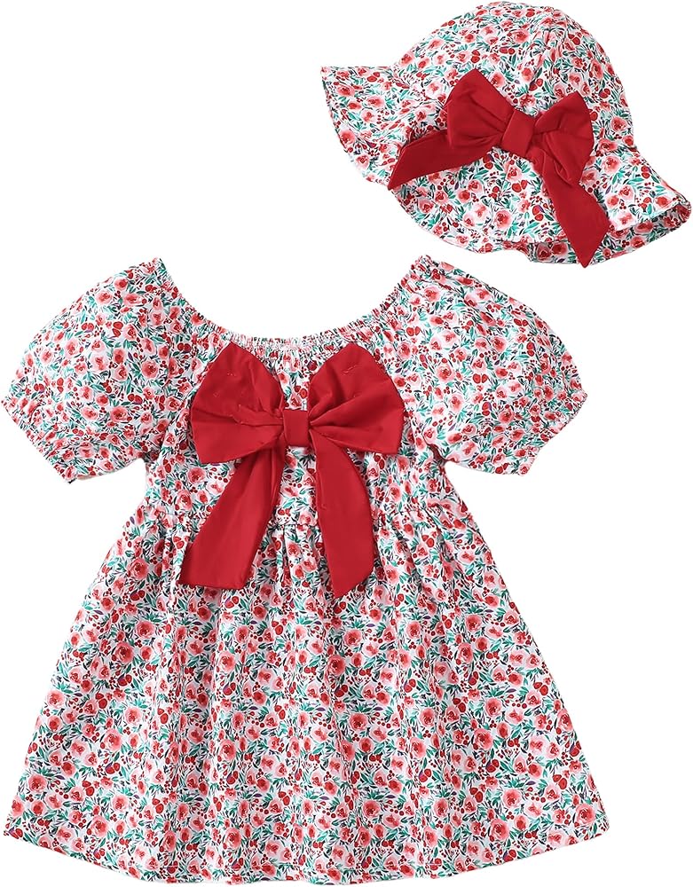 Toddler Baby Girls Dresses Summer Ruffle Short Sleeve Dress Floral Cute Sundress Hat Casual Outfits 1t 2t 3t Girl Dress