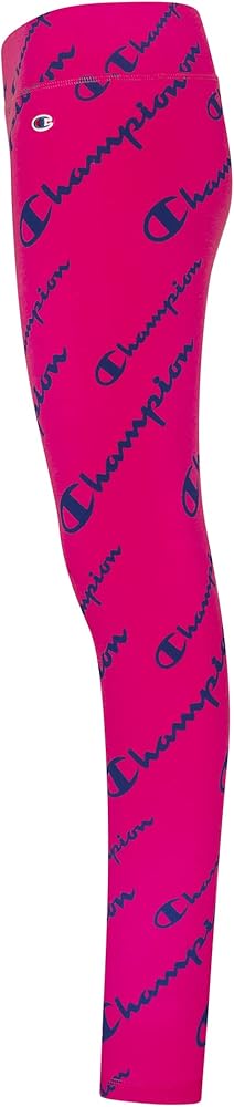 Champion Heritage Girls Performance Legging Stretch Pant | Active Athletic Pant (Large, Vivid Fuchsia Champion Script AOP)