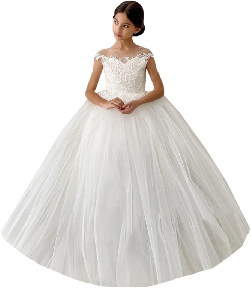 Lace Appliques Flower Girls Dresses for Wedding Party Dress Tulle First Communion Ball Gowns with Bow FL001