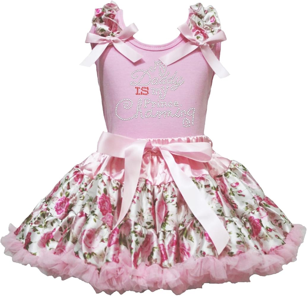 Petitebella Valentine Dress Daddy Is My Prince Pink Cotton Shirt Floral Girl Skirt Set 1-8y