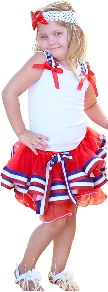 Petitebella 4th July White Shirt Red White Blue Stripe Petal Skirt Set Nb-8y