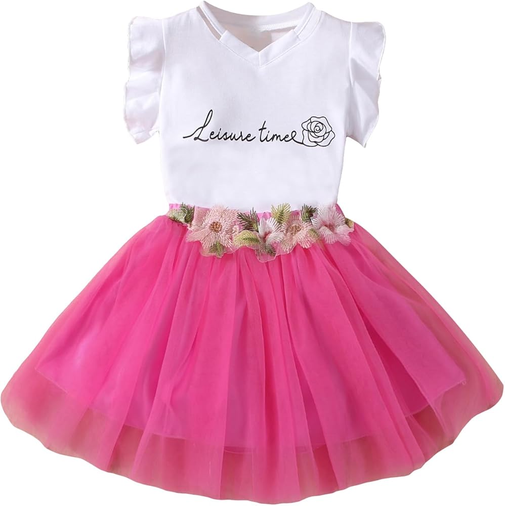 Floerns Toddler Girl's 2 Piece Outfit Cap Sleeve Tee Floral Appliques Mesh Skirt Set