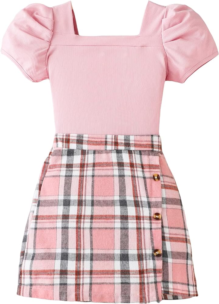 Milumia Girl's Two Piece Outfits Ruffle Trim Short Sleeve T Shirt and Plaid Skirt Sets