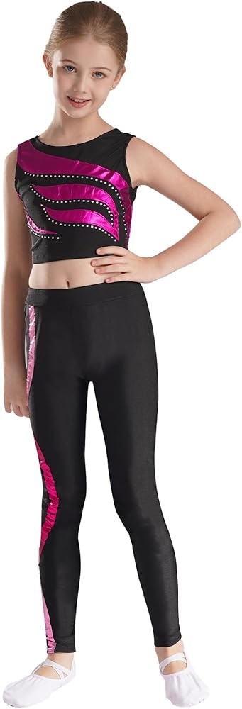 Kids Girls Shiny Gradiant 2Pcs Dance Outfits Sports Crop Tank Top with Yoga Leggings Set Gymnastic Tracksuit Dancewear