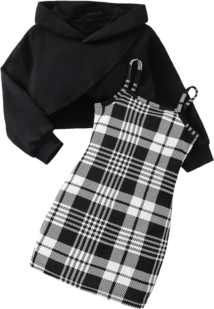 OYOANGLE Girl's 2 Piece Outfits Plaid Print Short Cami Dress and Long Sleeve High Low Hem Hoodie Top Set