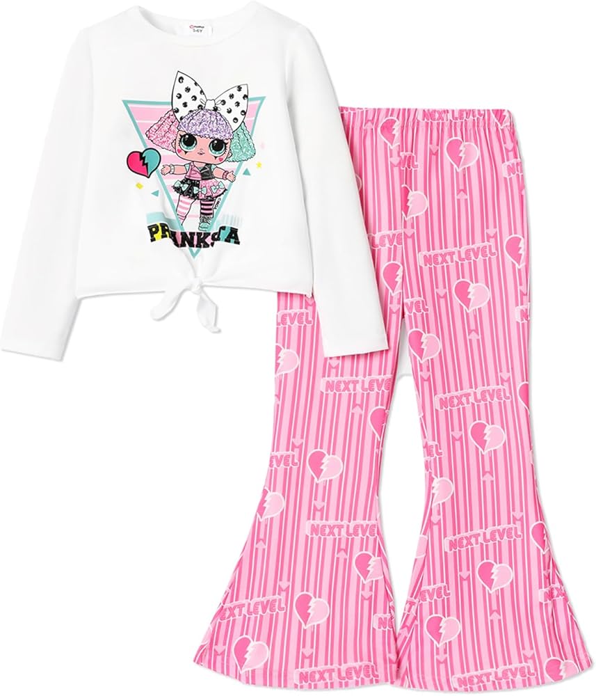 L.O.L. Surprise! Girls 2 Piece Outfits Tie Knot Long Sleeve Tee Top and Heart Pink Bell Bottom Flared Pants Set