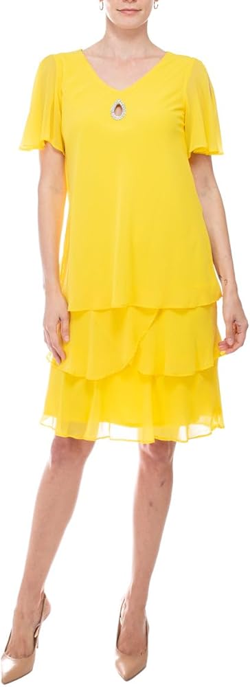 Marina Crew Neck Embellished Keyhole Front Short Sleeve Tiered Solid Chiffon Dress Yellow / 16