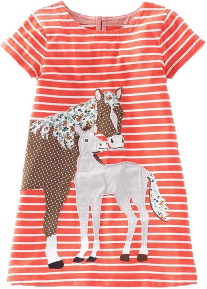 KIDSALON Girls Crewneck Cotton T-Shirt Dresses Animal Applique Dress Short Sleeve (4T, Horse Appliques Orange)