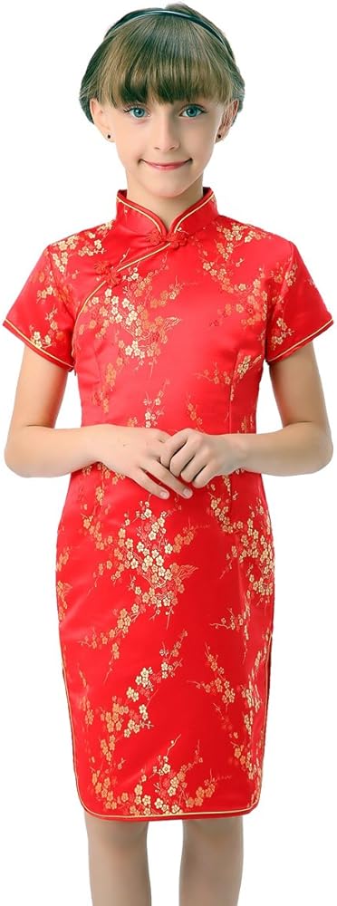 Girl's Red Chinese Dress with Golden Wintersweet Blossom