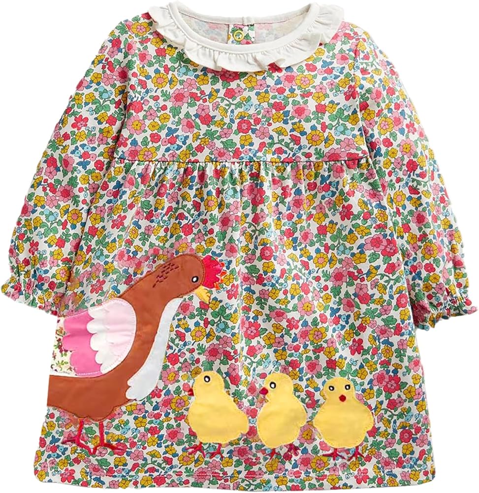 Little Girls Long Sleeve Crew-Neck Animals Embroidered Appliques Dresses Print Cute Casual Toddler Dress 3-9Y