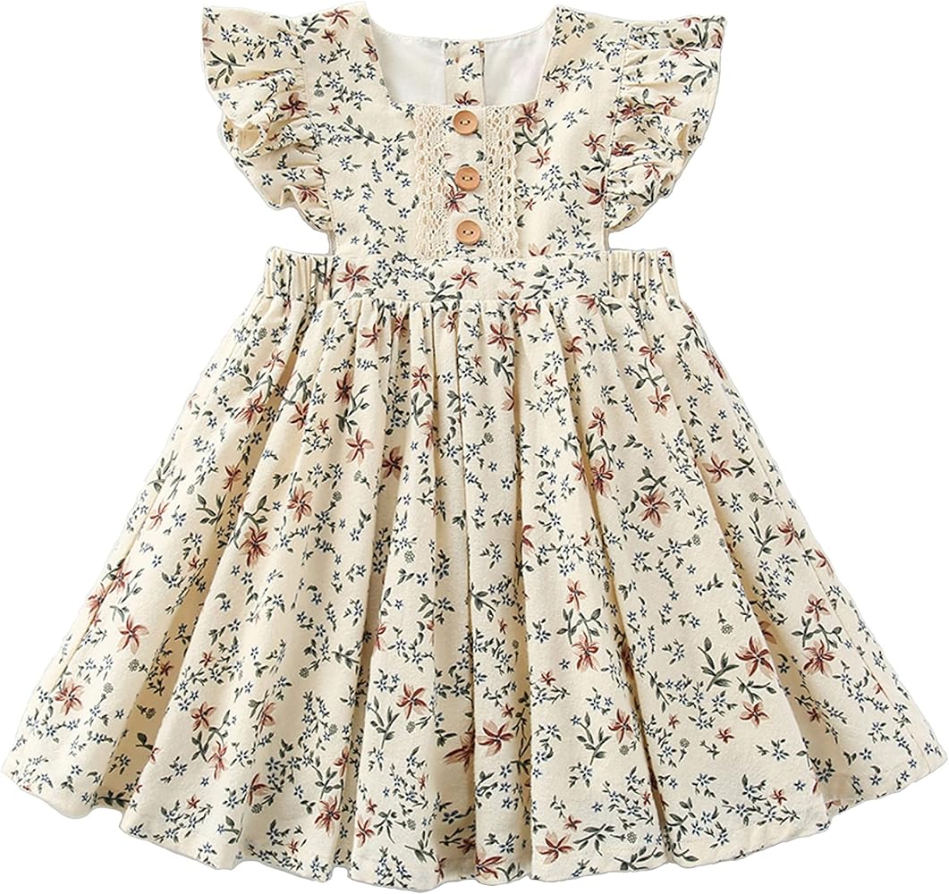 Kids Girls Toddler Pinafore 100% Cotton Fancy Boutique Dress Ruffle Shoulder Floral Modern