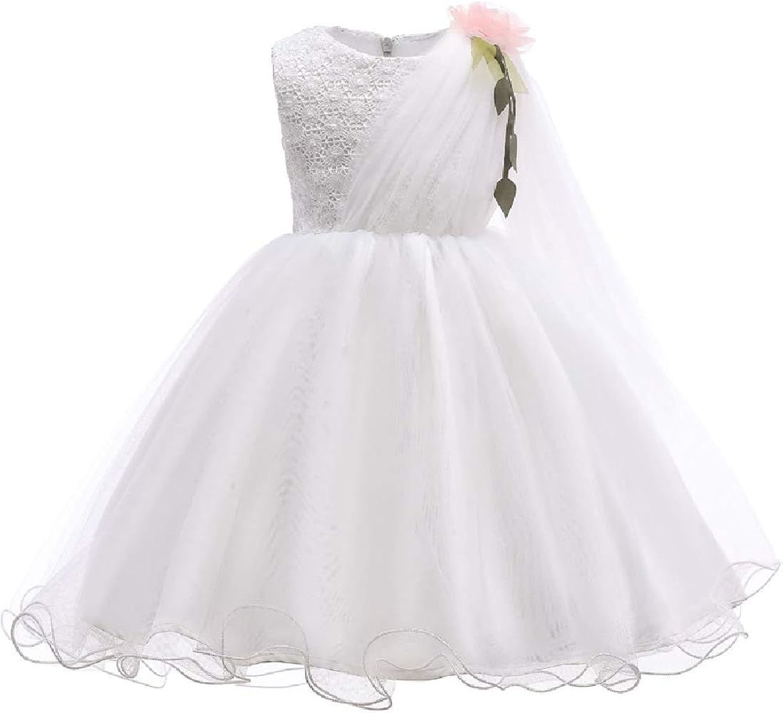 Quenny Children's White mesh Dresses,Girls' Slim lace Princess Dress,Sleeveless Slanted Shoulder Tutu Skirt.