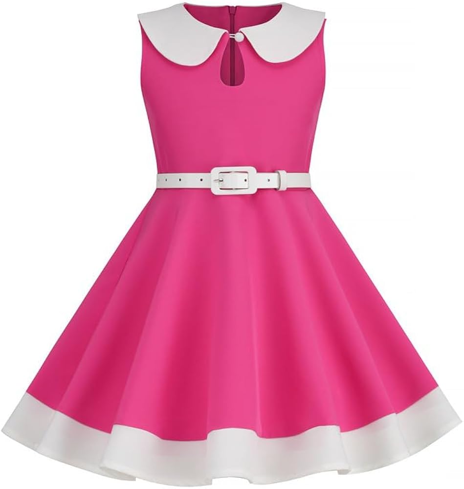 Girls Vintage Dresses Audrey 50's Retro Dress Sleeveless Party Outfit with Belt Peter Pan Collar Dress(Rose Red,M)