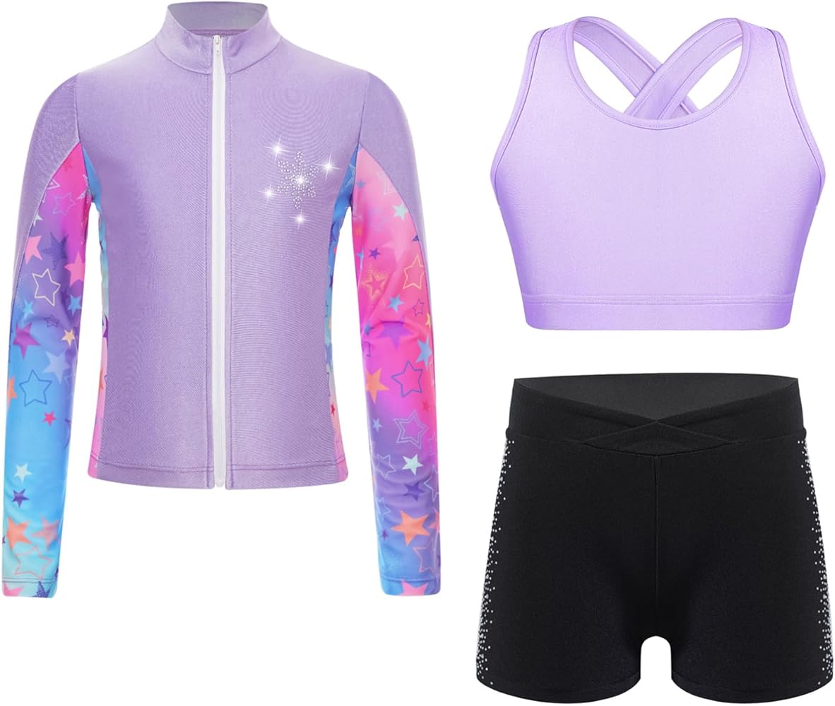 Kids Girls 3 Piece Gymnastics Yoga Outfits Sleeveless Crop Top Skating Jacket Outerwear with Shorts Set