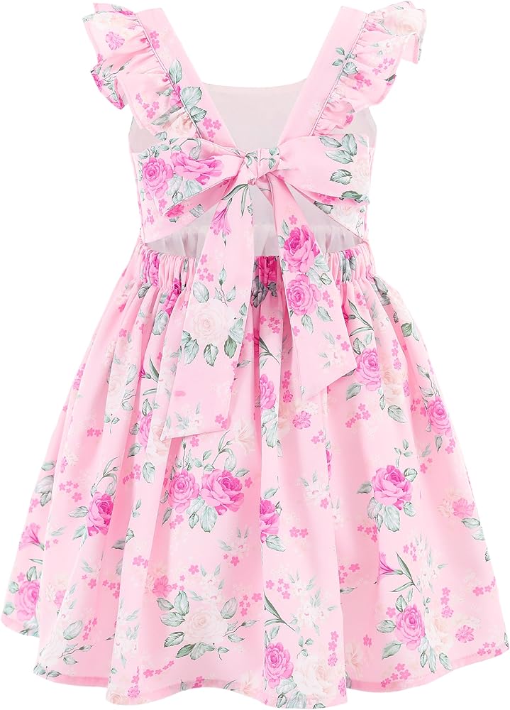 Flofallzique Floral Girls' Dress Summer Ruffle Flutter Sleeve Casual Tie Back Birtrhday Tea Party Toddler Boho Sundresses