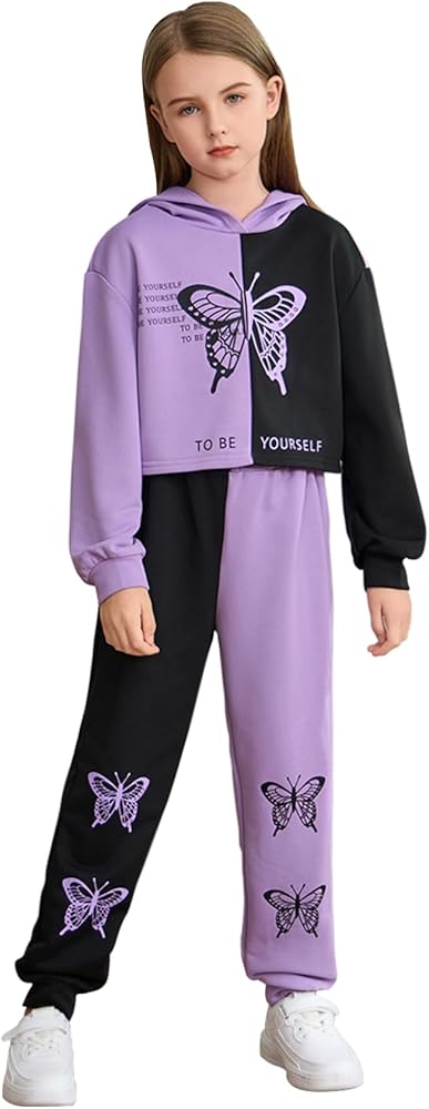 SOLY HUX Girl's 2 Piece Outfits Color Block Butterfly Print Long Sleeve Hoodies Sweatshirt Tops and Sweatpants Set