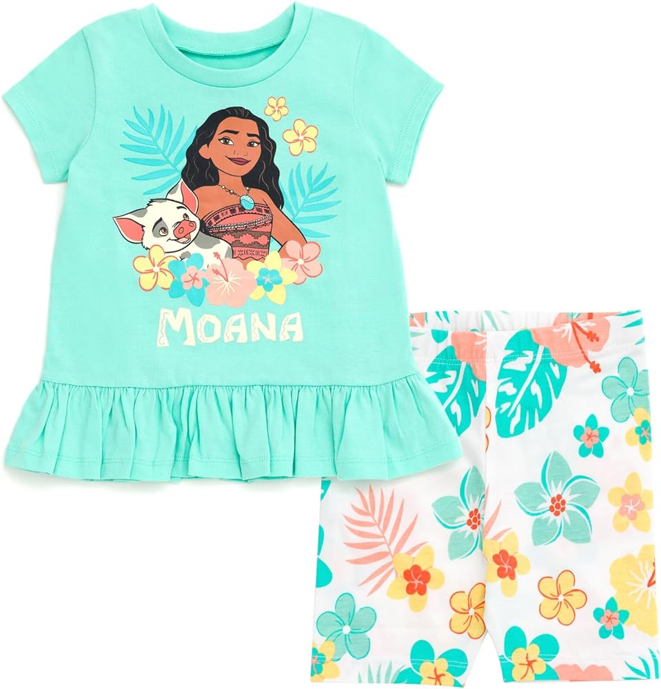 Disney Moana Floral Peplum T-Shirt and Bike Shorts Outfit Set Infant to Big Kid Sizes (18 Months - 14-16)