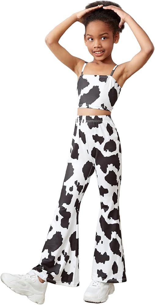 WDIRARA Girl's 2 Piece Cow Print Sleeveless Cami Top and Flare Leg Pants Set