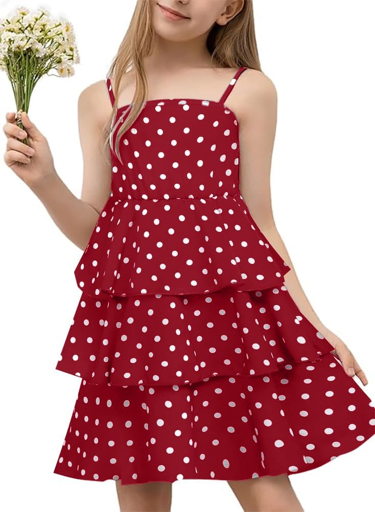 Girls Dresses Spaghetti Strap Flowy Tiered Midi Dress Polka Dot Casual Beach Summer Sundress 6-14 Years