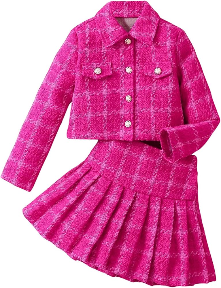 Girl's 3 Piece Matching Sets Plaid Print Jacket Top Pleated Skirt with Hat Set Winter Outfits