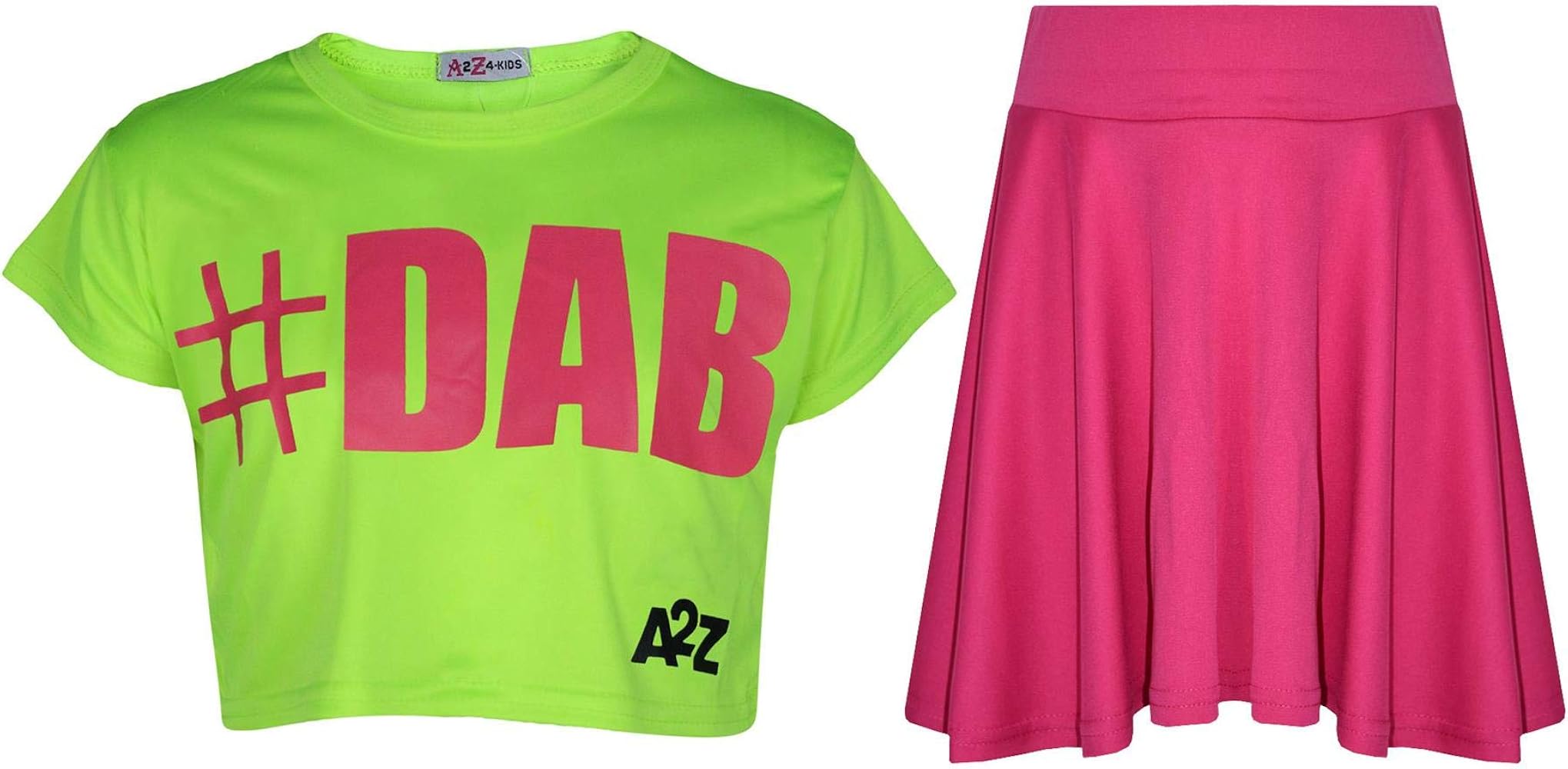 Kids Girls Crop Top #DAB Neon Green Trendy Floss Fashion Tees & Skirt Set 5-13Yr