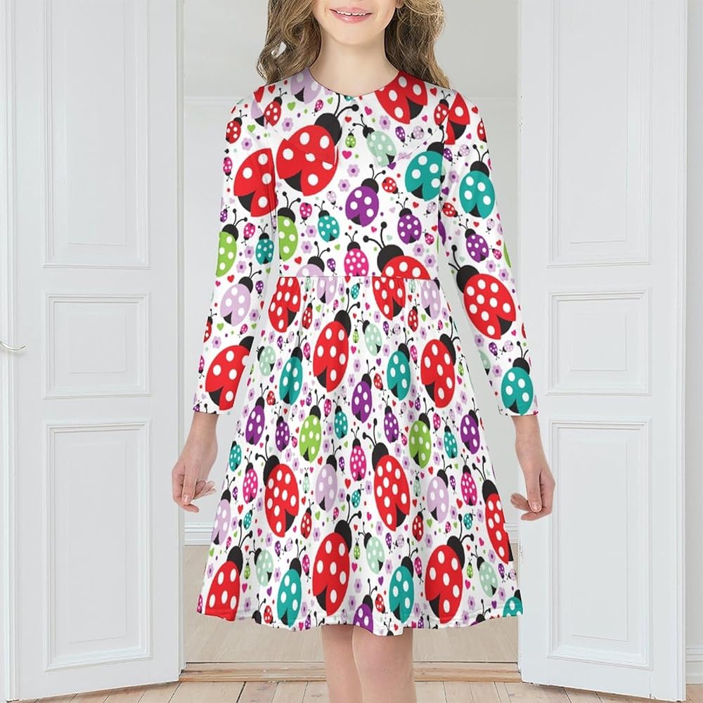 Colorful Ladybug Girls Dress Long Sleeve Short Dress Swing Casual Party Dresses