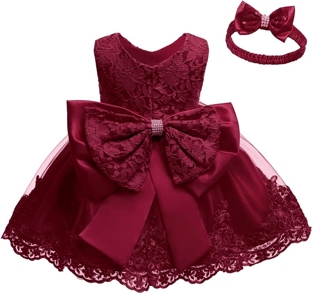 0-6T Baby Girl Formal Dress Toddler Lace Embroideryr Dresses with Headwear