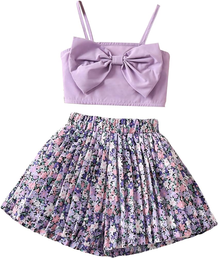 Girl's 2 Piece Solid Bow Front Sleeveless Spaghetti Strap Camisole and Allover Floral Print Shorts Sets