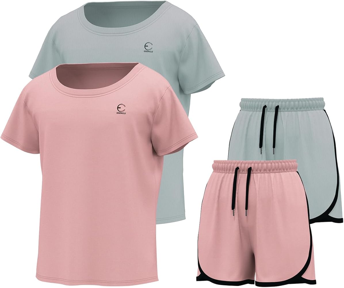 Girls Clothing Sets Tagless Loose Athletic Performance Crew Neck T-Shirt and Short Outfits Size 5-14 (4 Piece Set)