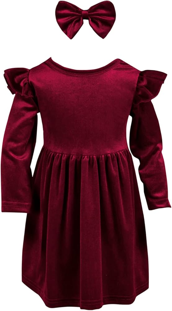 Baby Girls Velvet Maxi Dress Knee Lenght Long Sleeve Solid Toddler Ruffle Dress for Christmas Party Wedding Holiday