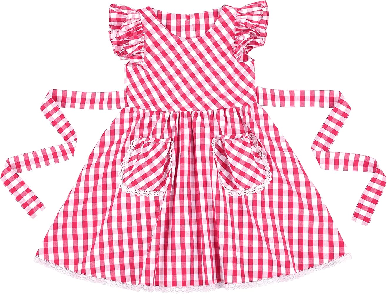 Flofallzique Girls Plaid Dress Summer Flutter Sleeve Gingham Casual Cotton Kids Sundress with Pockets