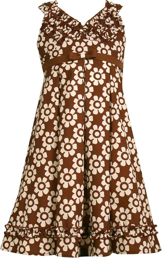 Bonnie Jean Big Girls' Sleeveless Brown Ground Woven Dress W/ Allover Print